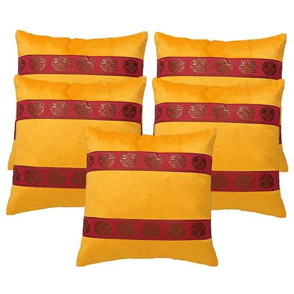 Stylo Culture Indian Couch Throw Pillow Covers 16x16 Jacquard Yellow Zippered 40x40 cm Living Room Toss Pillow Case Satin Velvet Floral Square Cushion Covers | Set Of 5
