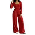 thumbnail image 7 of Lenpel Womens Casual Jumpsuits Square Neck Long Sleeve Back Zipper Rompers Solid Color Wide Leg Fashion Fall Clothes(Red,Large), 7 of 7
