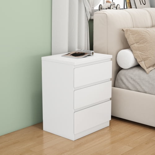 DRNANLIT 19.7-Inch Black Nightstand with 3 Drawers, Handle-Free Beside Table, Thickened Top Small Side Storage Cabinet,White
