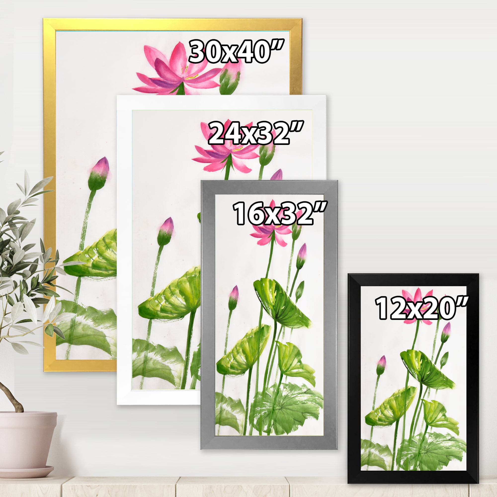 Designart 'Pink Vintage Lotuses In The Pond VII' Traditional Framed Art Print
