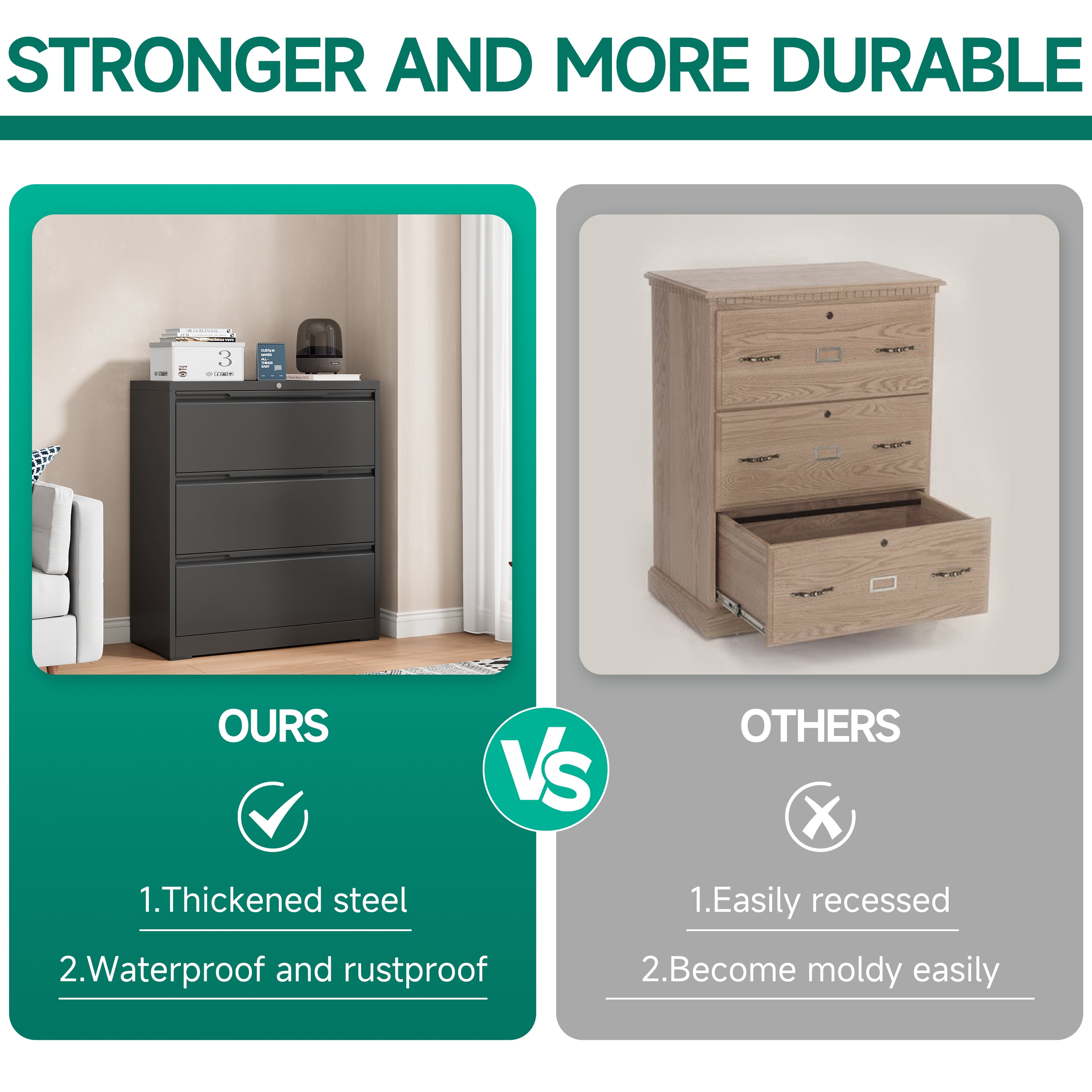 Kooyon 3 Drawer Lateral File Cabinet with Lock, Metal Filing Cabinet for Home Office, Black, Fits Letter/Legal/A4-Assembly Required