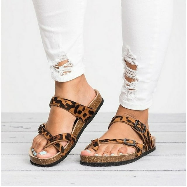 DPTALR Retro Women's Leopard Print Flats Sandals Beach Shoes Thick-Soled Cork Slippers
