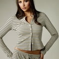 thumbnail image 5 of Women'S Striped 2 Piece Pants Outfits Long Sleeve Button Down Knit Top Set Leisure Vacation Green M, 5 of 9