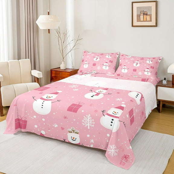 Feelyou Winter Pink Snowman Twin Sheet Sets, Merry Christmas Twin Fitted Sheet, Western Festival Holiday Flat Sheet, Breathable Home Decor, 3pcs