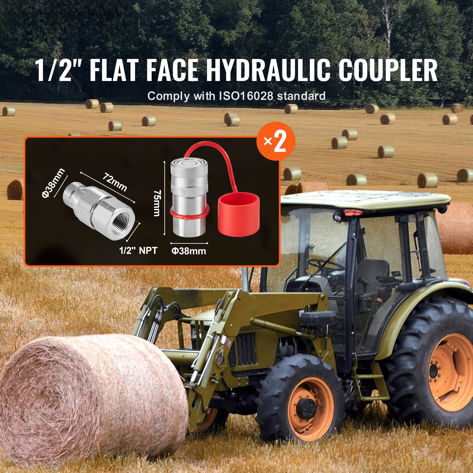 KFFKFF 1/2" Flat Face Hydraulic Quick-Disconnect Coupling Set, 1/2" NPT Interface for Skid Steers, Includes 4 Protective Dust Caps, Compliant with ISO16028 Standards