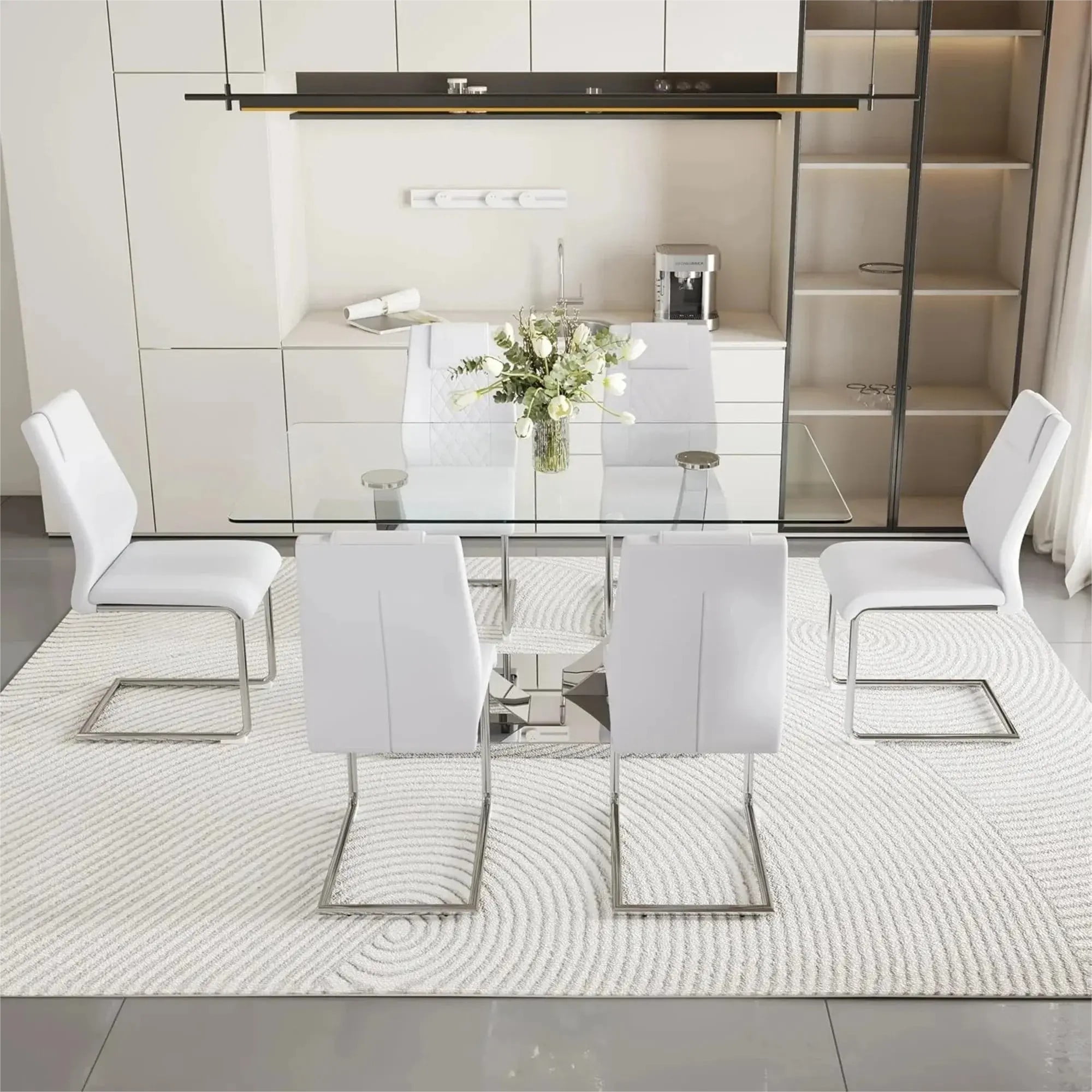 SUDICA Dining Table Set 63 Inch Rectangular Glass Top Silver Metal U Base 7 Piece Dining Room
