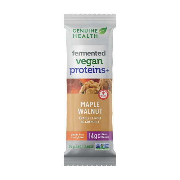 Genuine Health Fermented Organic Vegan Proteins+ Bar, Pack of 12, 14g of plant-based protein, Easy to digest &amp; absorb, Maple Walnut flavour, Gluten-free, Non-GMO