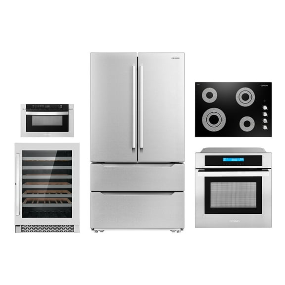 Cosmo 5 Piece Kitchen Appliance Package With 30" Electric Cooktop 24" 48 Bottle Freestanding Wine Refrigerator 24" Single Electric Wall Oven 30" Over-The-Range Microwave & French Door Refrigerator