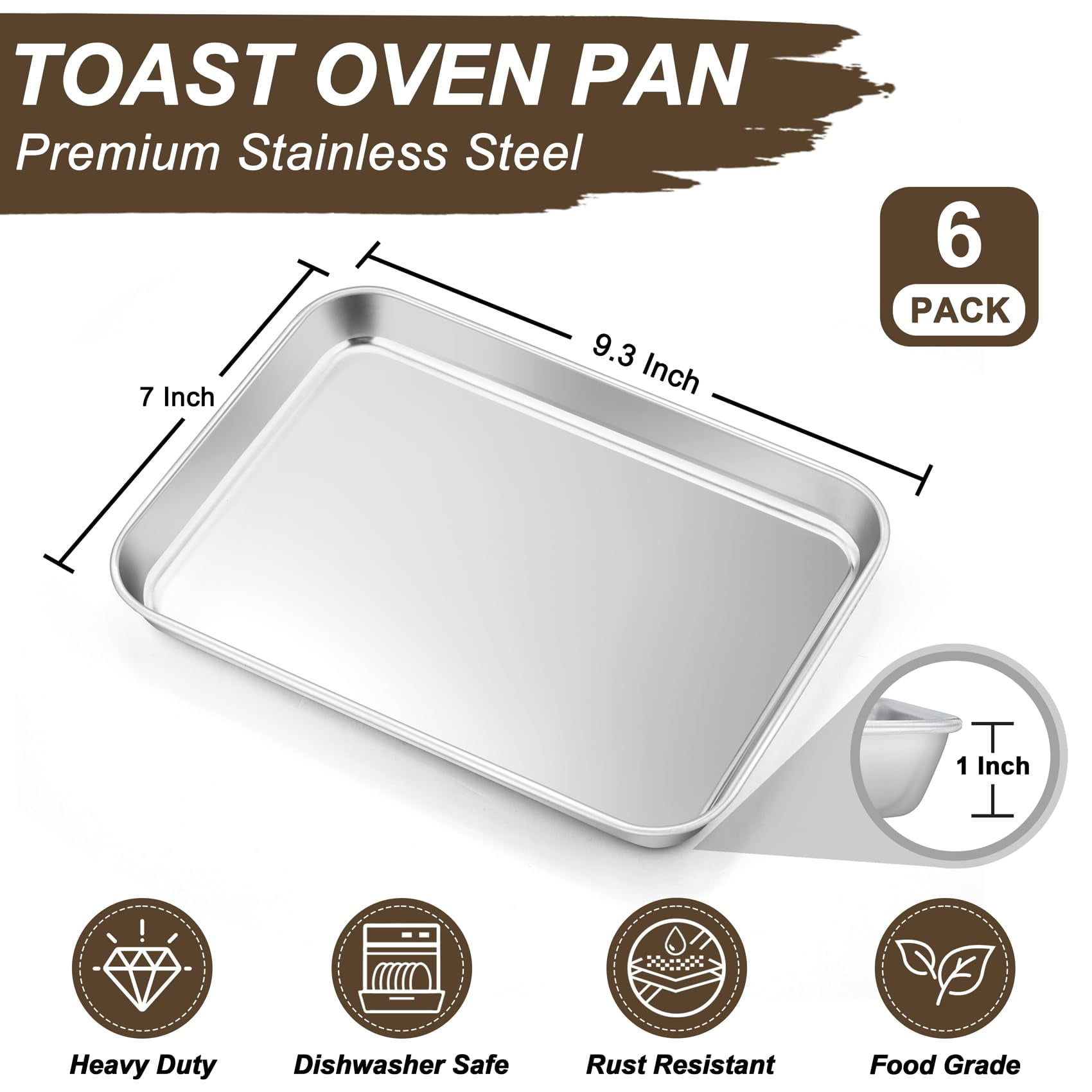 Stainless Steel Baking Sheet Pan Set 6 Count 9.3" x 7" x 1" Multi-Use Bakeware