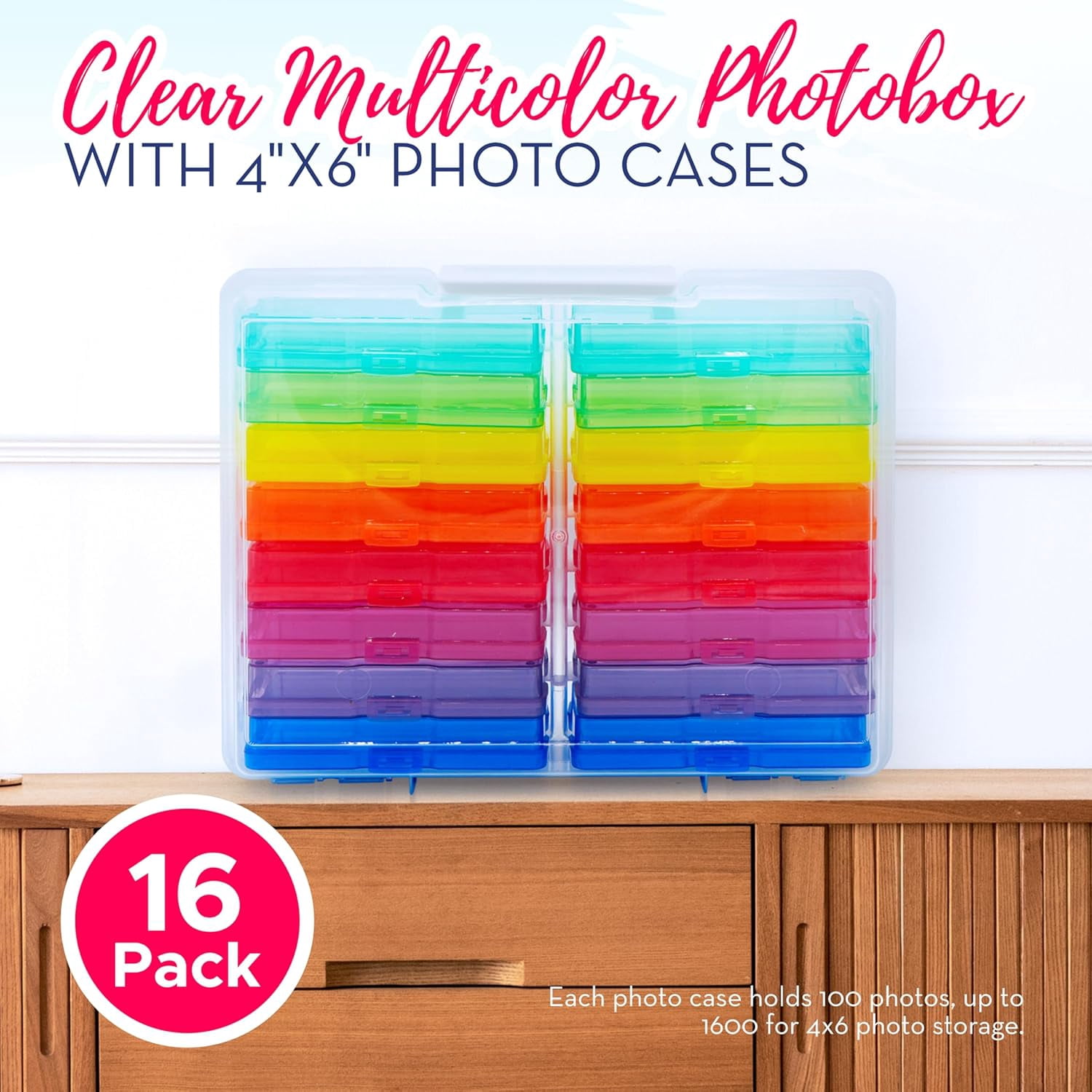 4E's Novelty 16 Pack Clear Multi-color Photo Box with 4x6 Photo Cases and Multicolor Photo Box, 4x6 Photo Storage Box