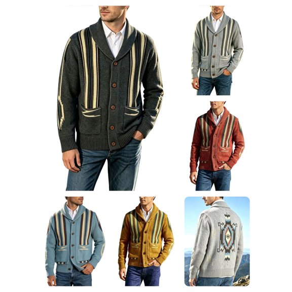 Nmnitkp Men's Fall Jackets Shawl Collar Button‑Front Knit Cardigan Jacket Western Geometric Striped Long Sleeve Sweater Coat Pockets Knit Outerwear for Casual Daily Wear Dark Gray,S