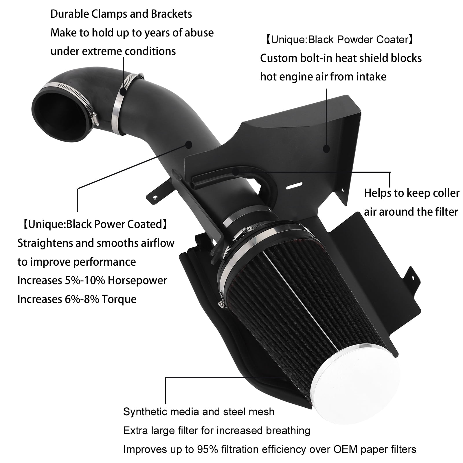 4" Inch Cold Air Intake Kit +Heat Shield for 99-06 GMC/Chevy V8 4.8L/5.3L Black