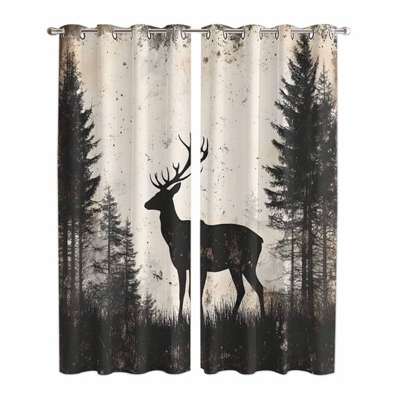 Black Beige Forest Elk Kitchen Curtains 96 Inch Length, Rustic Country Elk Woodland Grommet Top Bedroom Living Room Curtains, Light Filtering Cafe Curtain Drapes 2 Panels Set 104''x96''