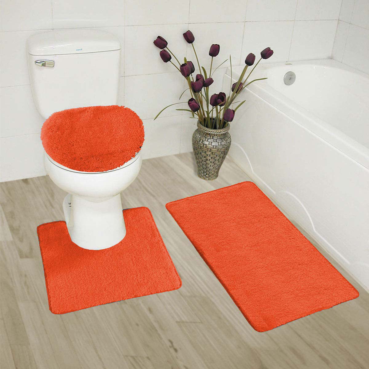 3pc Bathroom Set Rug Contour Mat Toilet Lid Cover Plain Solid Color Bathmats 