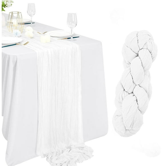 LSLJS Cheesecloth Table Runner Boho Gauze Cheese Cloth Table Runner 35x157 Inch Long Romantic Sheer Table Runner for Wedding Bridal Baby Shower Birthday Party, Pleated Tablecloth on Clearance