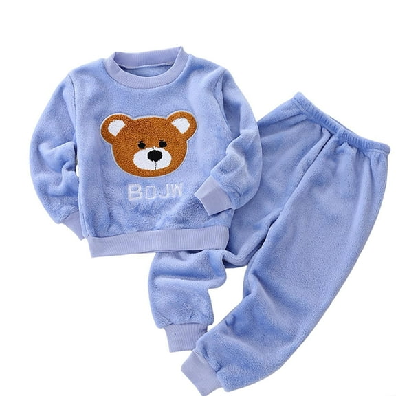 FAOWME Big Girls Boys Pajama Two Piece Outfits Long Sleeved Round Neck Cute Animal Print Top And Pants Thickened Warm Soft Loungewear Sets For Casual Daily Wear Blue 18-24 Months