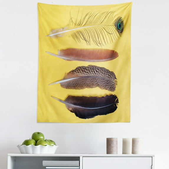 Feather Tapestry, Composition of 3 Hipster Boho Style Fluff Exotic Animal Wings Print, Fabric Wall Hanging Decor for Bedroom Living Room Dorm, 5 Sizes, Mustard and Multicolor, by Ambesonne