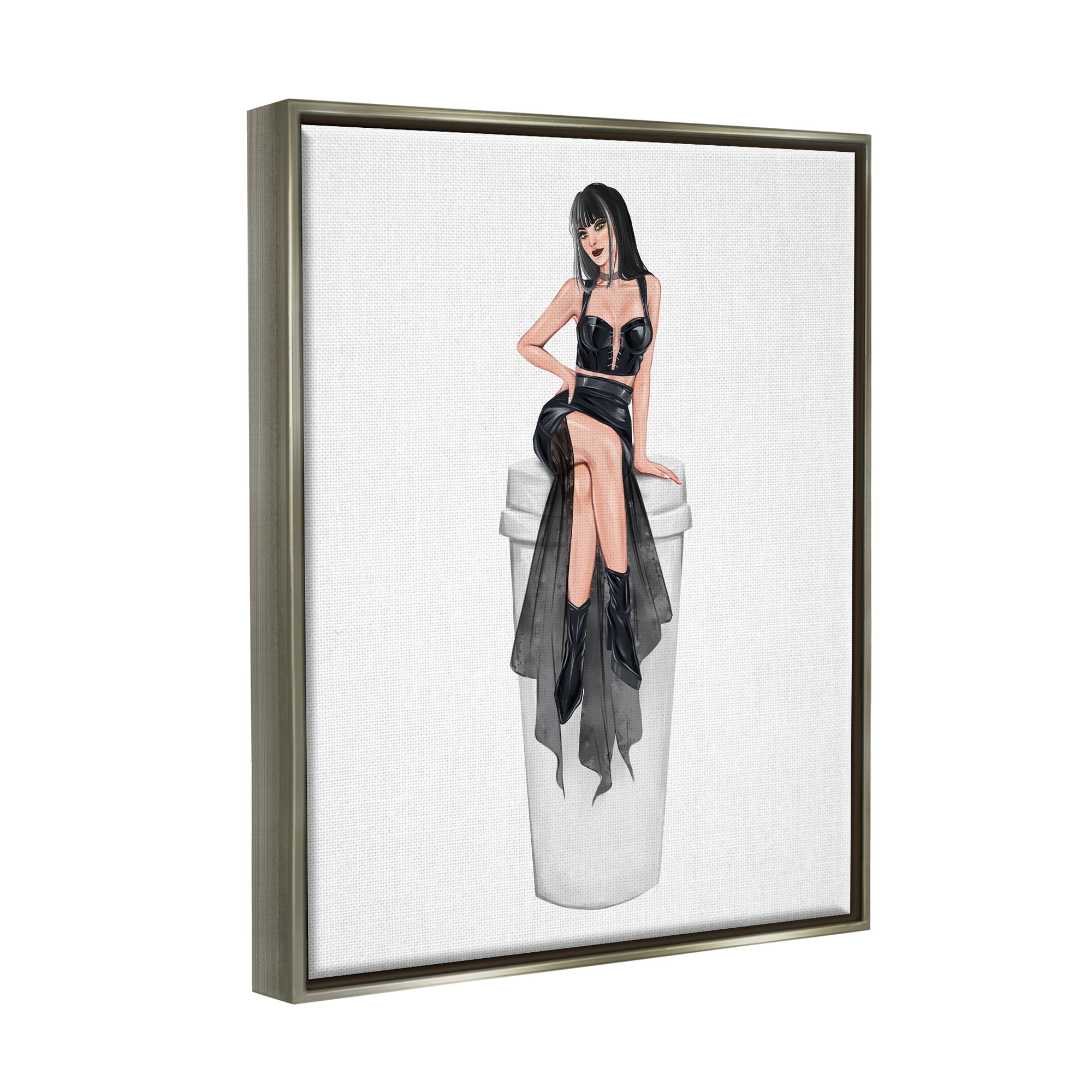 Stupell Fashionable Woman Glam Coffee Cup Beauty & Fashion Painting Gray Floater Framed Art Print Wall Art