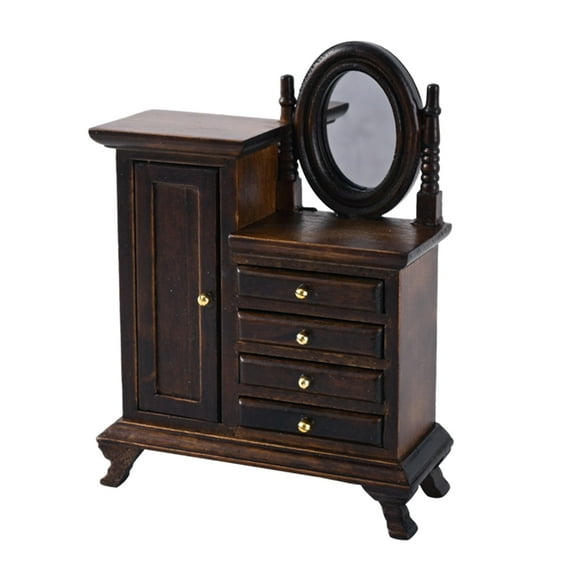 Antique Miniature Wooden Bedroom Set 1:16 Scale Vanity Dresser & Storage Drawers Suitable For Doll House Interior Design