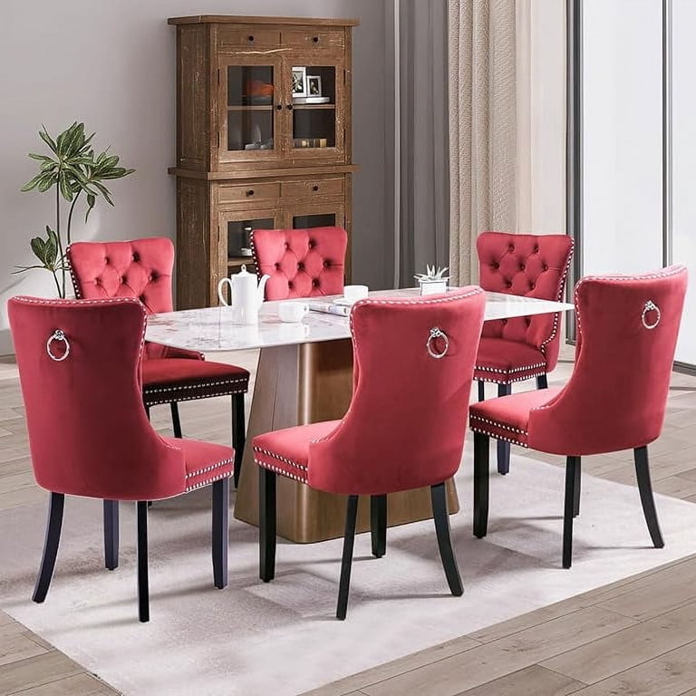 Set Of 4 Burgundy Mid Century Dining Chairs - Linen Upholstered, Wood Legs, 300 Lb Capacity