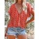 thumbnail image 3 of Blusa estampada con botones para mujer, manga corta, cuello en V, blusa informal con estampado elegante para el trabajo, fiesta diaria, 3 of 6