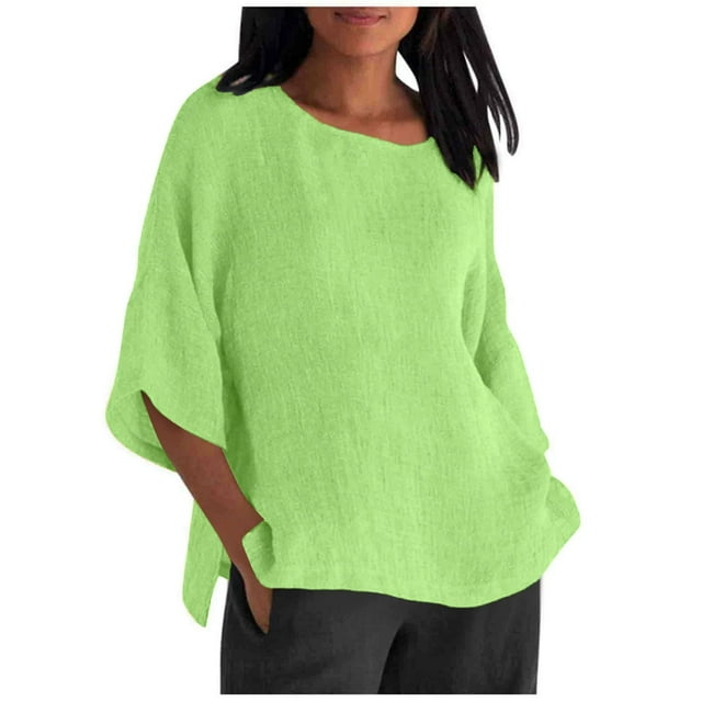 WEIYLL T-Shirts Femmes Couleur Unie Col Rond Manches 3/4 Vert Tailles TTG
