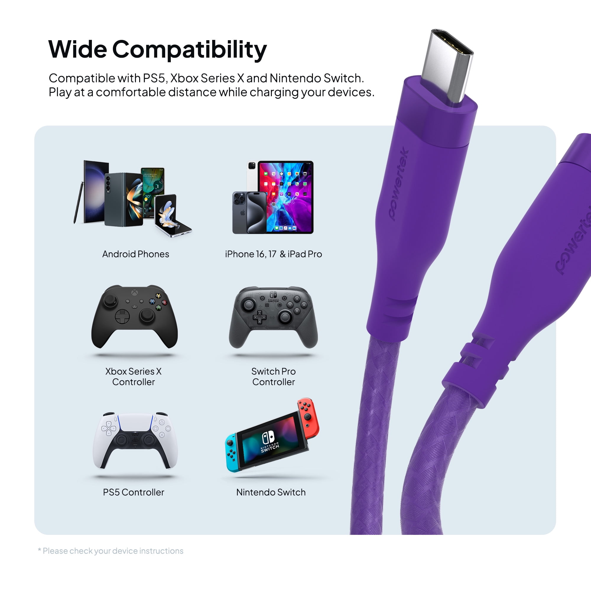 Powertek USB-C to USB-C Fast Charging Cable, 60W, 6 ft, Carbon Design Texture, Purple