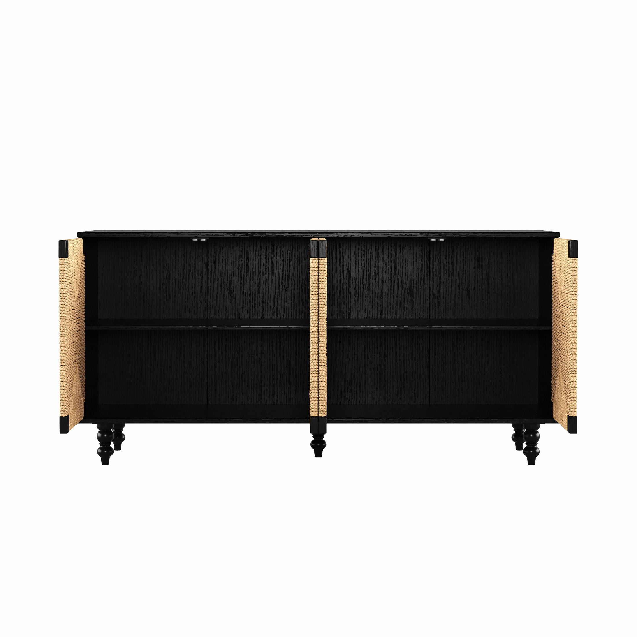 Noble House Enoch 59" Sideboard Buffet Cabinet with Handwoven Seagrass Doors & Solid Wood Legs, Black & Natural