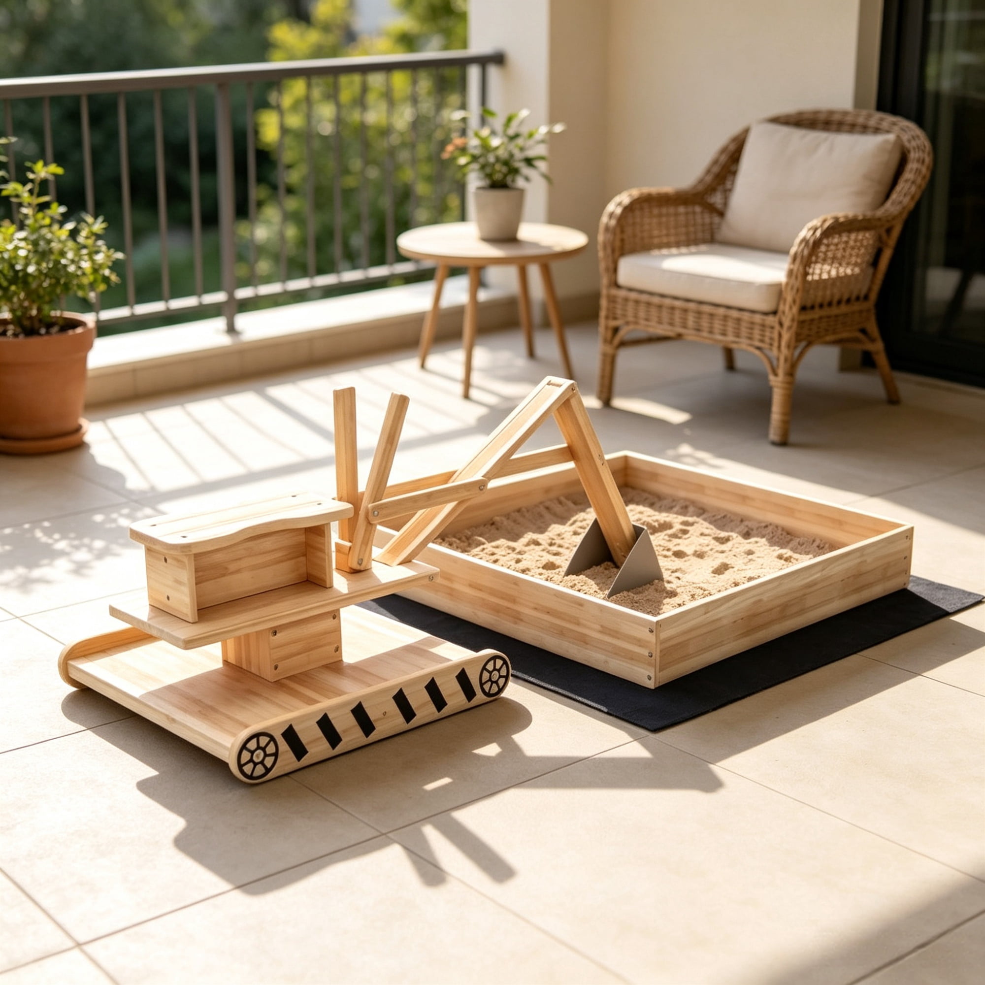 Kids Wooden Sandbox with Digger And 360° Rotating Seat Bottom Liner Included 72" x 35" x 22"