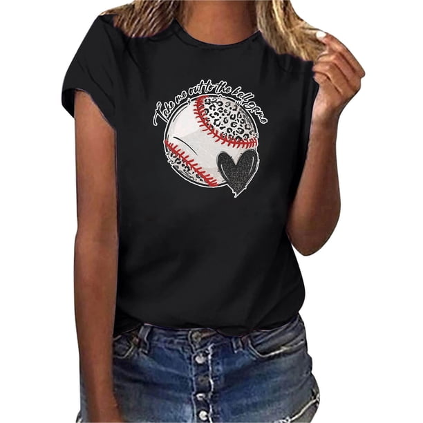 Gibobby Playera de Verano para Mujer Mujeres Casual Béisbol Impresión Mangas Cuello Redondo Camiseta Suelta Blusa Tops(Negro,CH)