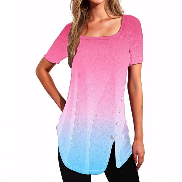 Plebaso Womens Summer Shirts Short Sleeve Gradient Tunic Tops Square Neck Dressy Loose Blouses with Split