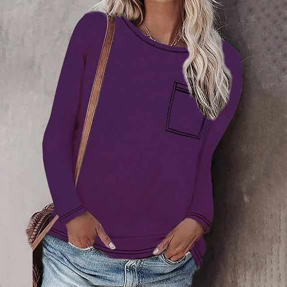 Sakmal Womens Summer Tops Purple Long Sleeve Pocket Solid Crew Neck T-Shirts Ladies Shirts