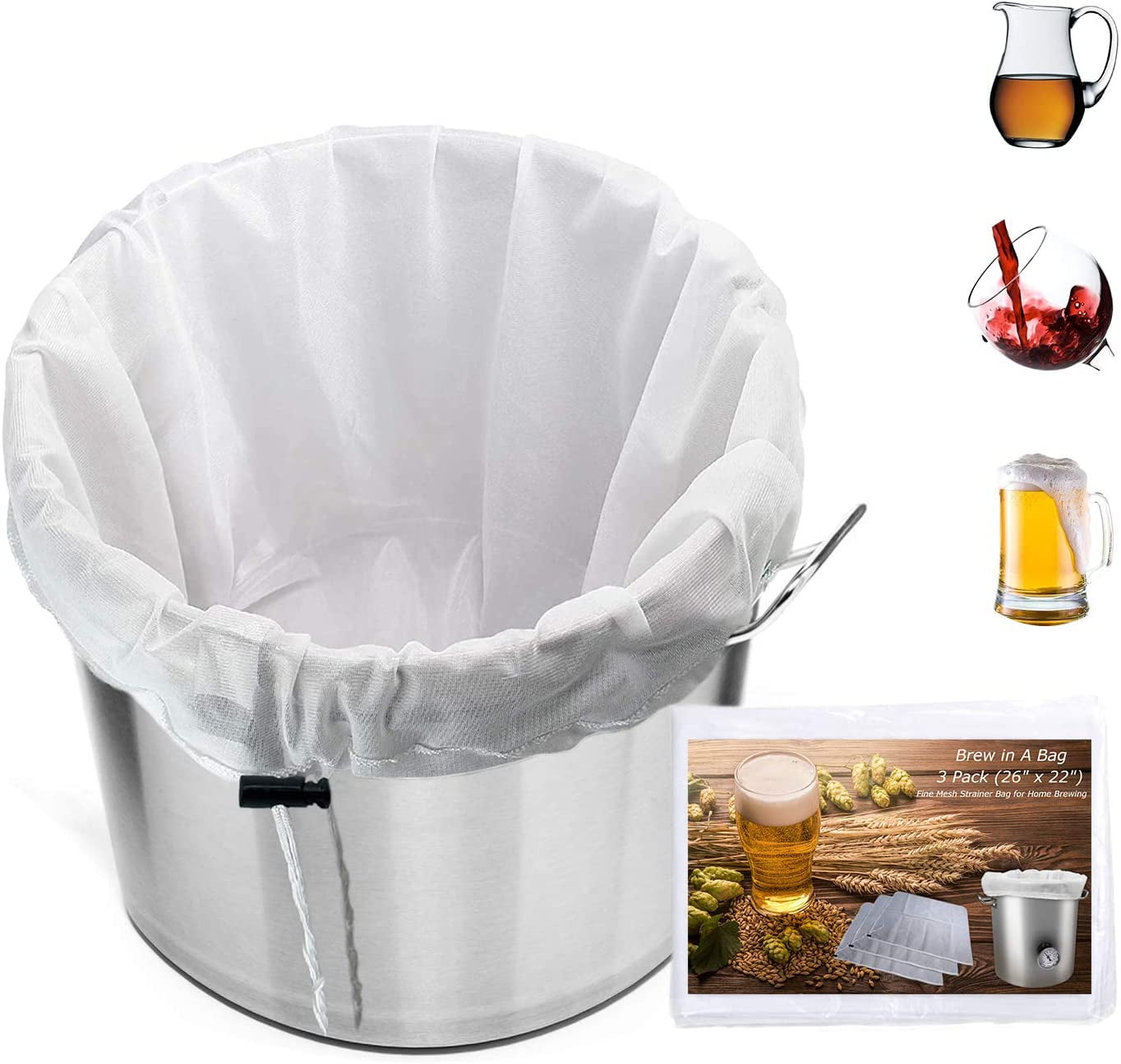 4 Pieces Brew Bag Reusable Fine Mesh Bag Large Straining Mesh Bag with Drawstring for Fruit Cider Apple Grape Wine Press Brew in a Bag 26 x 22 Inch 