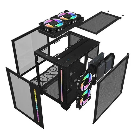 WJCOOLMAN Mini PC Case M-ATX/ITX Sea View Room Dual Tempered Glass Gaming Computer Case, 240mm AIO Support, High Airflow, Black (No Fans Included)
