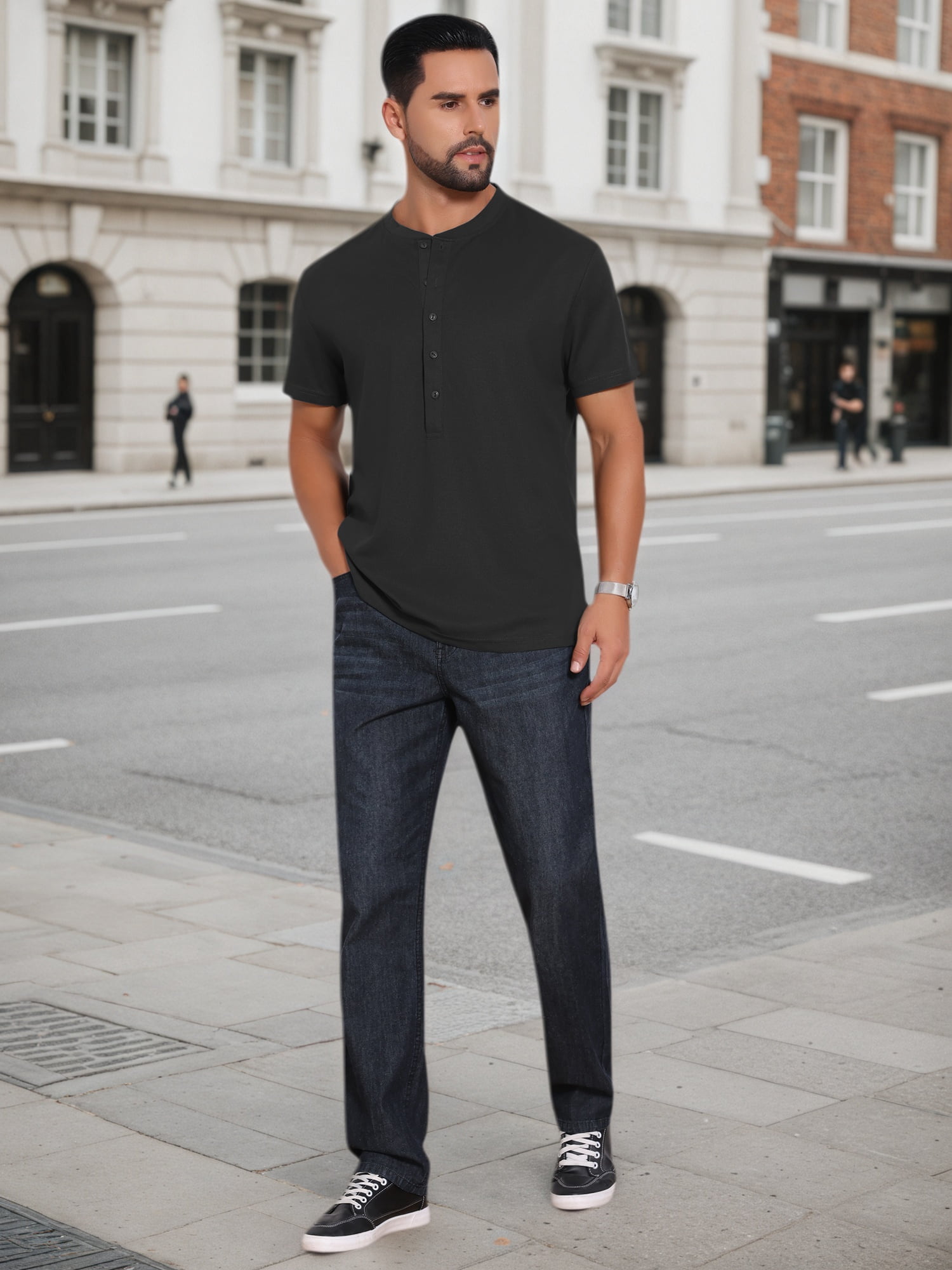 DARING DIVA Men's Henley Breathable Short Sleeve Button Down T-Shirt 2XL Black