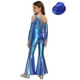 thumbnail image 2 of inlzdz Kids Girls 70s Hippie Dance Outfits One Shoulder Metallic Sequin Tassel Bell Bottom Jumpsuit and Hat Blue 12, 2 of 6
