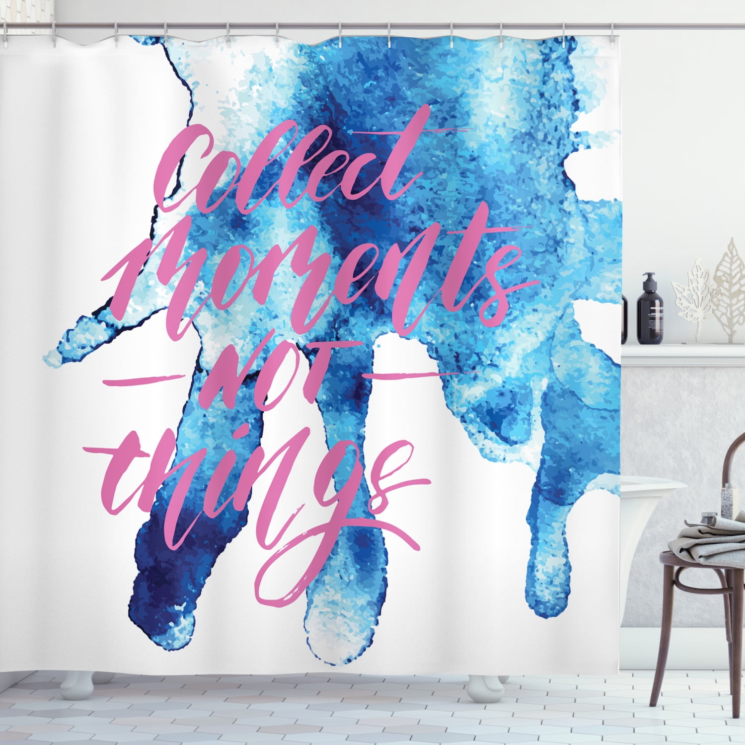 Saying Shower Curtain, Watercolor Splatters and Calligraphy Stains