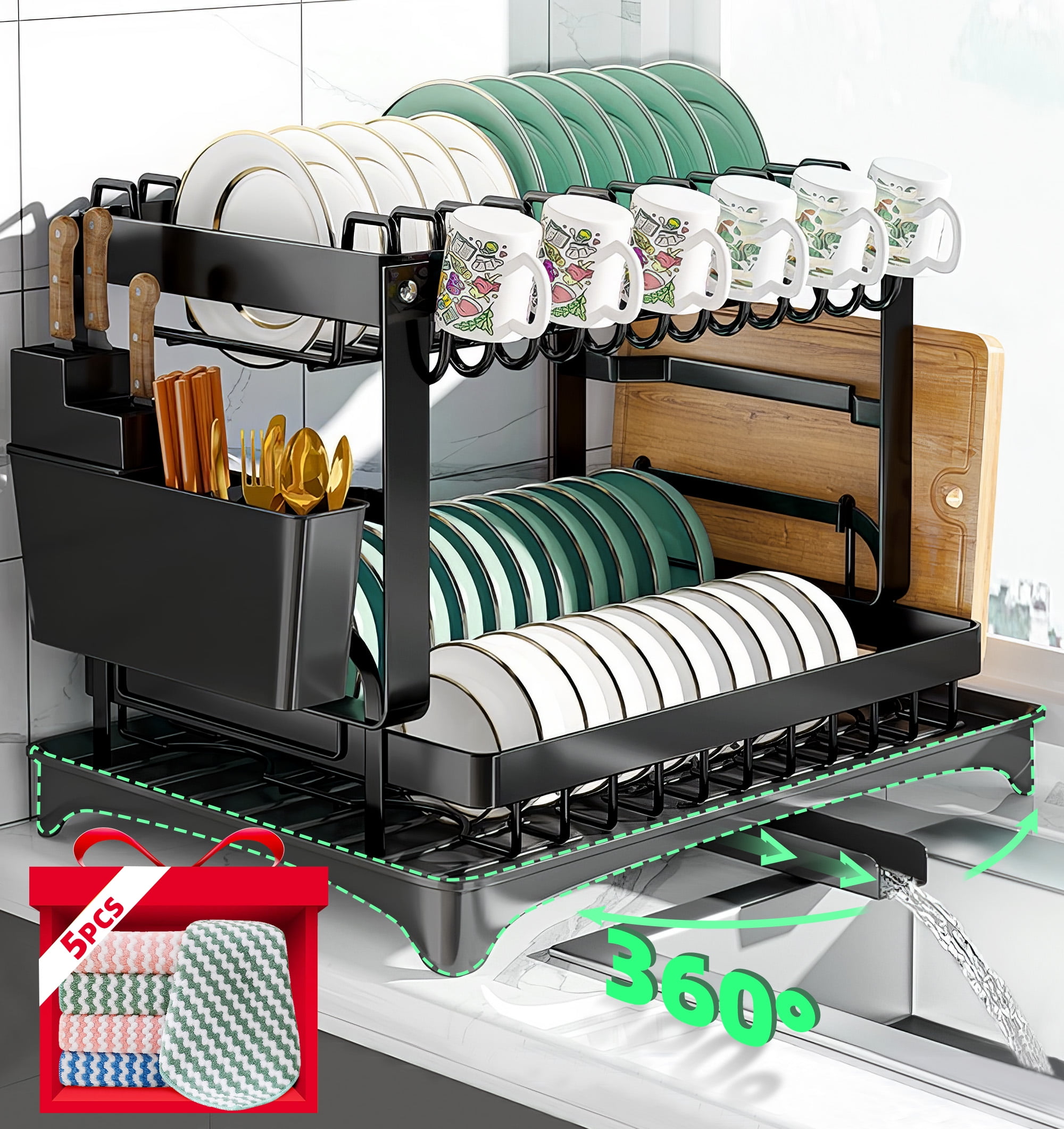 RELOIVE 2 Tier Dish Racks with 5 Pcs Dish Towels , Dish Drying Rack with Dish Drainer, Durable Stainless Steel Dish Rack Drain Set with Utensil Holder, Cutting Board Holder, Kitchen