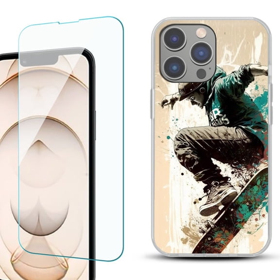 OneToughShield ® for iPhone 15 Pro Max Shockproof Fashion Phone Case, with Tempered Glass Screen Protector - Skateboarding