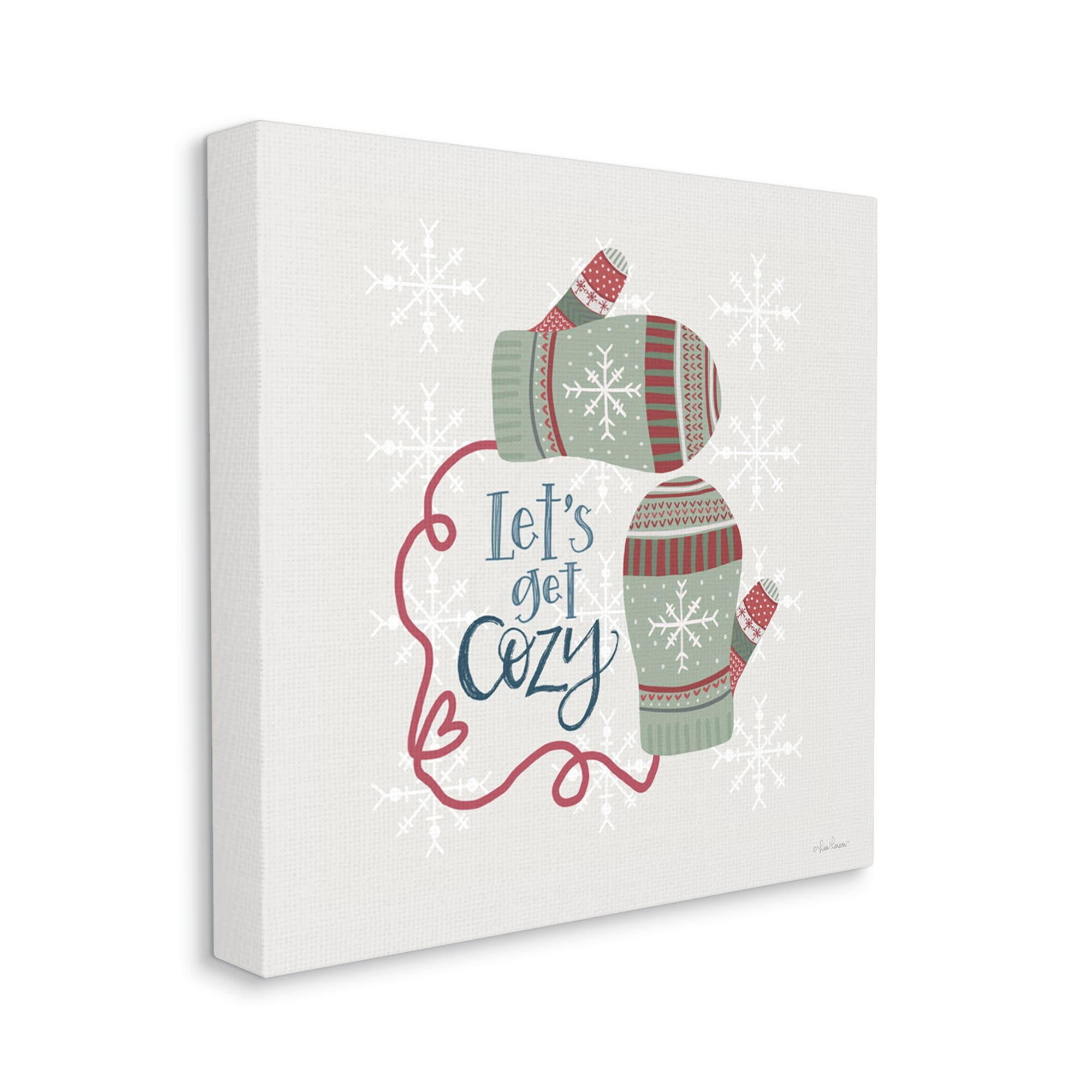 Let's Get Cozy Winter Mittens Snowflake Pattern Inspirational Graphic Art Gallery-Wrapped Canvas Print Wall Art