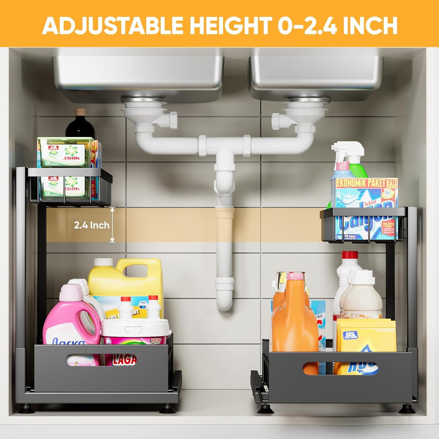 2 Pack Under Sink Organizer Storage 2-Tier Premium Metal Pull-Out Racks, Height Adjustable, Easy Installation | Kitchen & Bathroom Organizers White