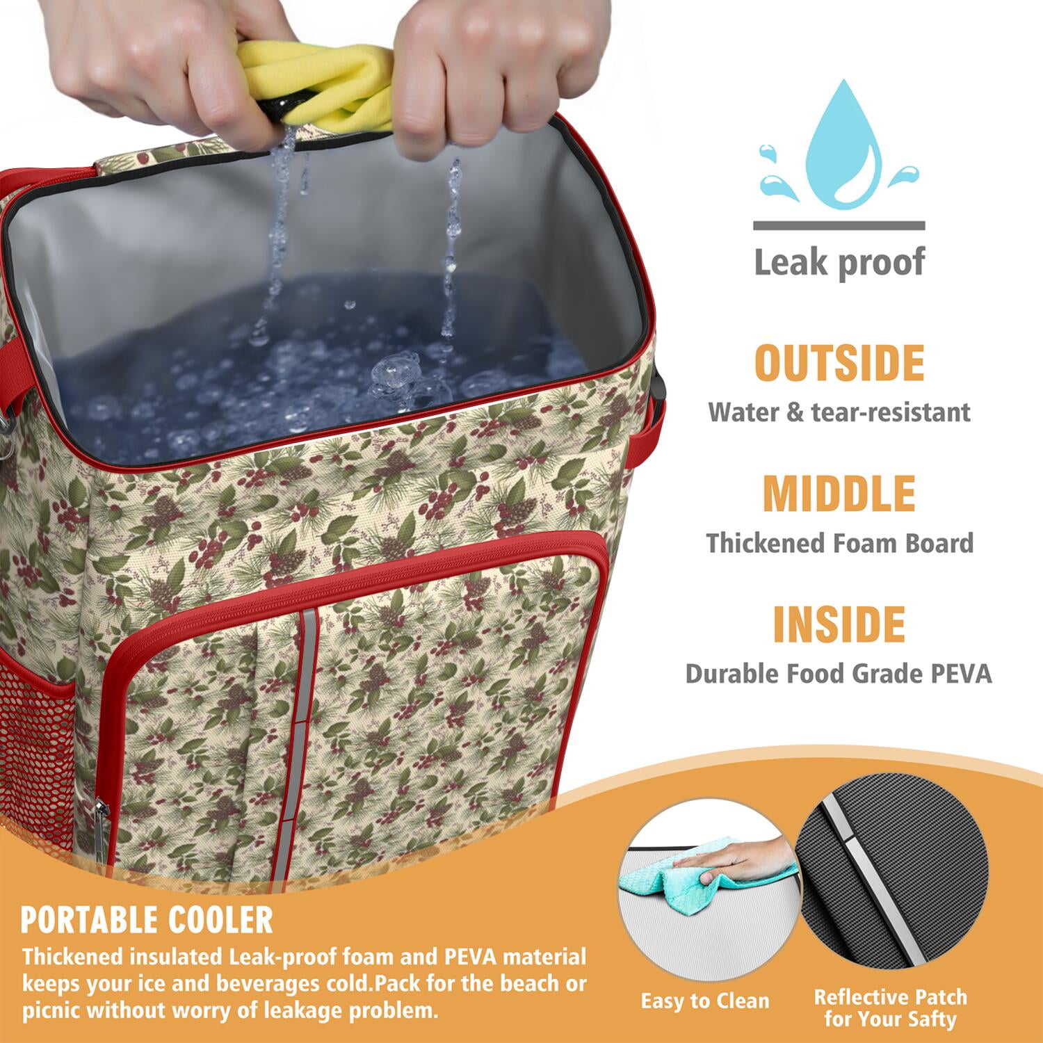 Travel Cooler Bag - Beige Christmas Pine Cone Pattern Camping Beer Cooler Backpack with Bottle Opener- Waterproof Insulated Picnic Backpacks - Cooler Bag for Beach