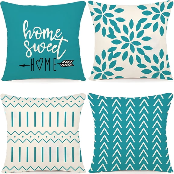 AUQ 2026 New Pillow Covers 16X16 Modern Sofa Throw Pillow Cover,Decorative Outdoor Linen Fabric Pillow Case for Couch Bed Car (Aqua Blue,16X16,Set of 4)