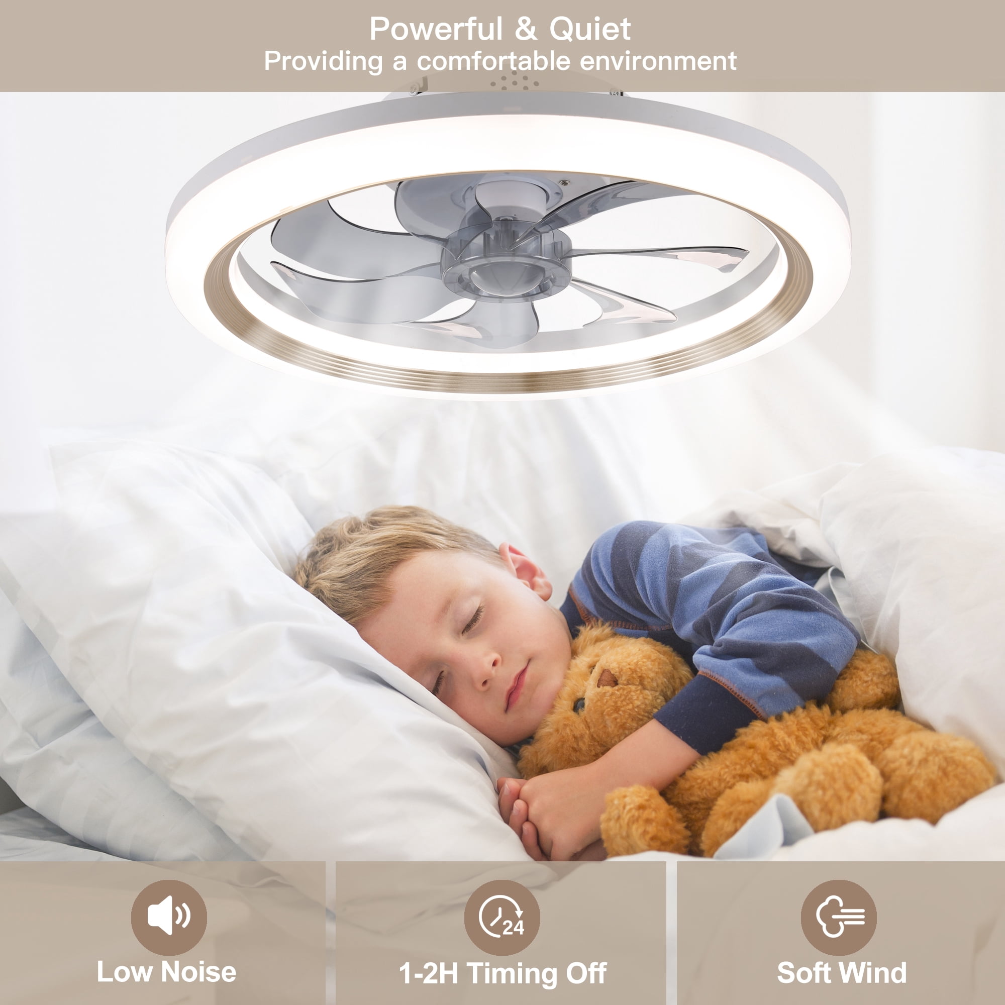 LISUNAR 20" Ceiling Fans with Lights and Remote,Gold-Smart Dimmable low profile ceiling fan with light,Ceiling fans with lights flush mount，Stepless Color Temperature Change and 6 Speeds 7 Blades