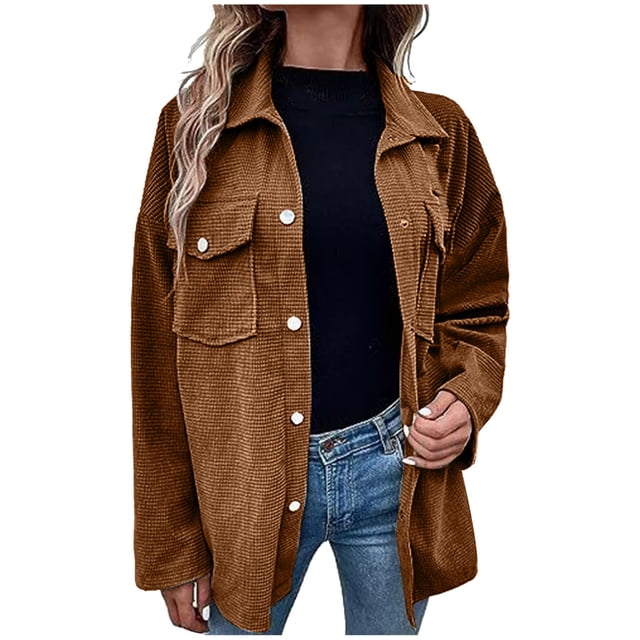 Yuyuzo Womens Fall Shirts Long Sleeve Turndown Collar Button down Coats with Pockets Solid Color Shirts