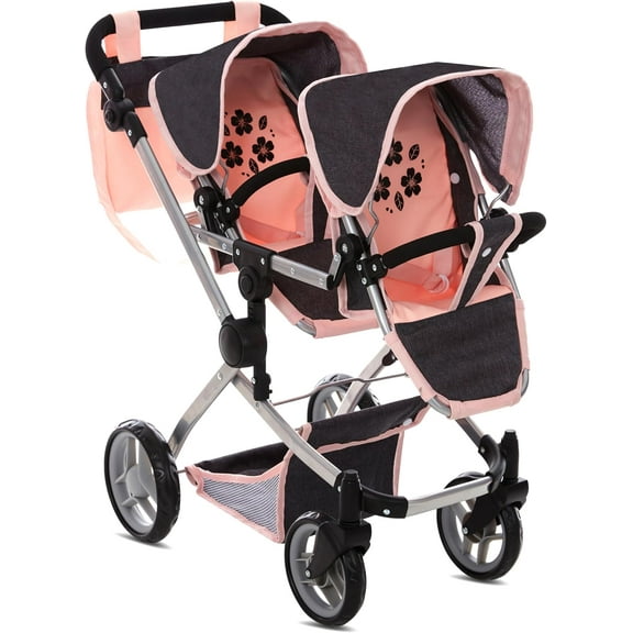 Dolls To Play Baby Doll Double Stroller Twin Pram Buggy with Adjustable Handle, Rotating Wheels, Storage Basket & Diaper Bag – Pink