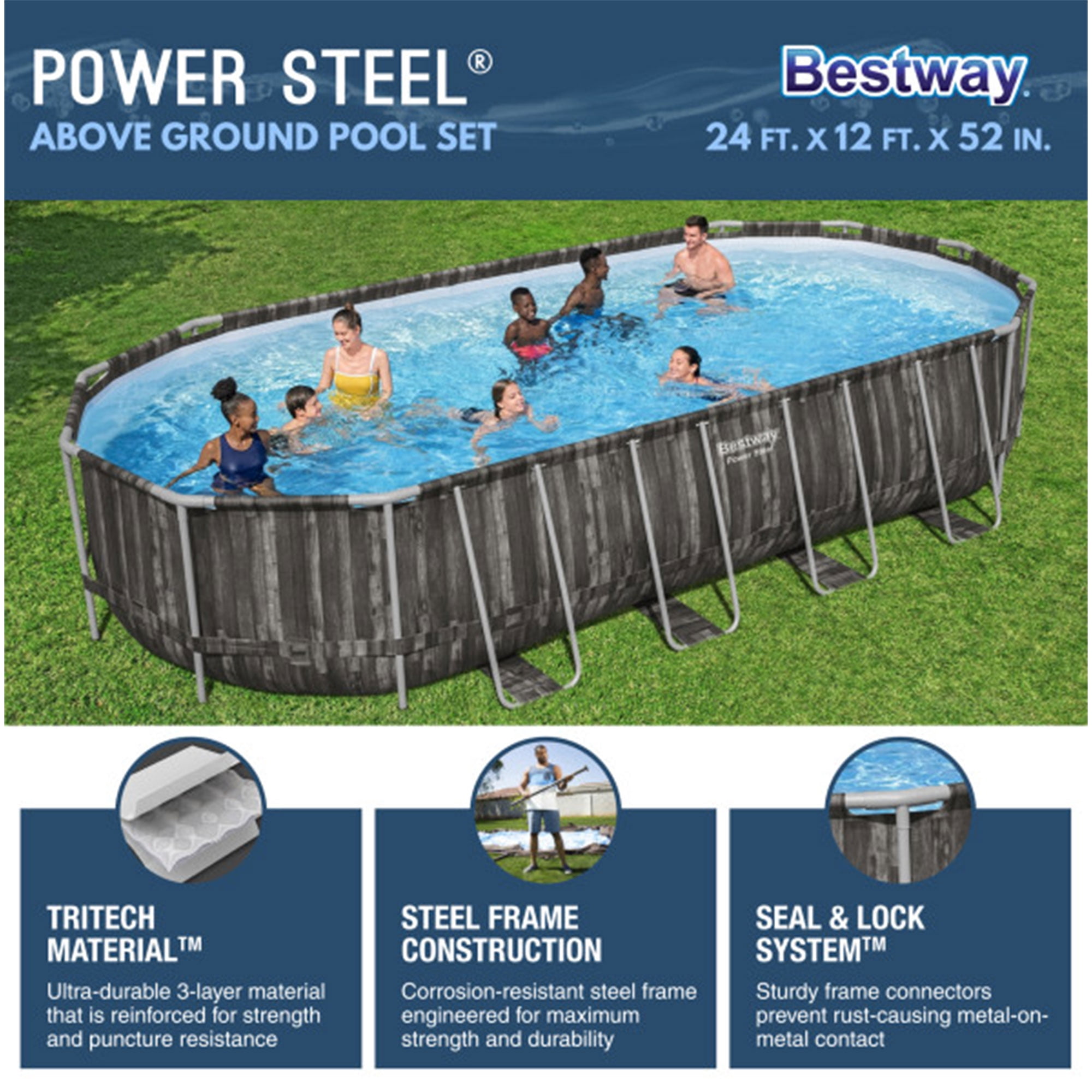 Bestway Power Steel 24’ x 12’ x 52” Oval Above Ground Swimming Pool Set