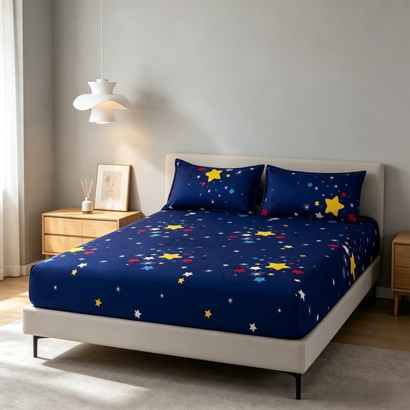 AuroraX Bed Sheet Set California King with 2 Pillowcase , Cooling Blue Stars Wrinkle Free Patterned Fitted Sheets Cal King Size for Women
