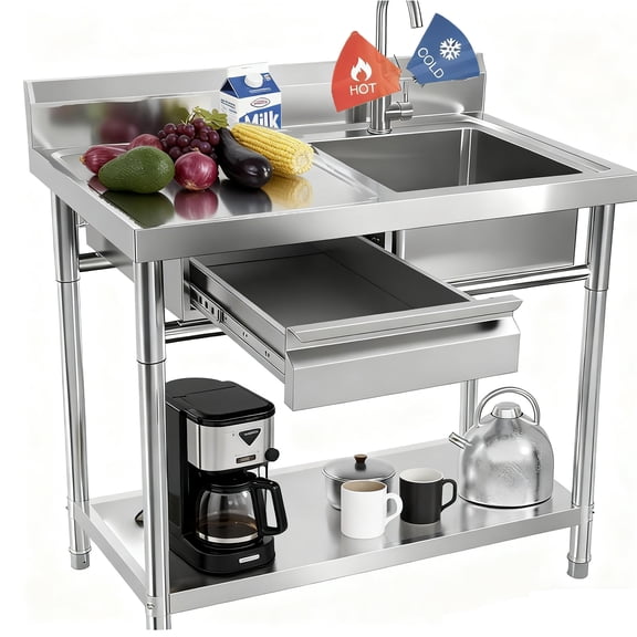 Stainless Steel Utility Sink with Drawer & Cold and Hot Water Pipe, Commercial Triple Bowl Basin, Farmhouse Indoor and Outdoor Sink , 40 Inch for Laundry Room & Patio