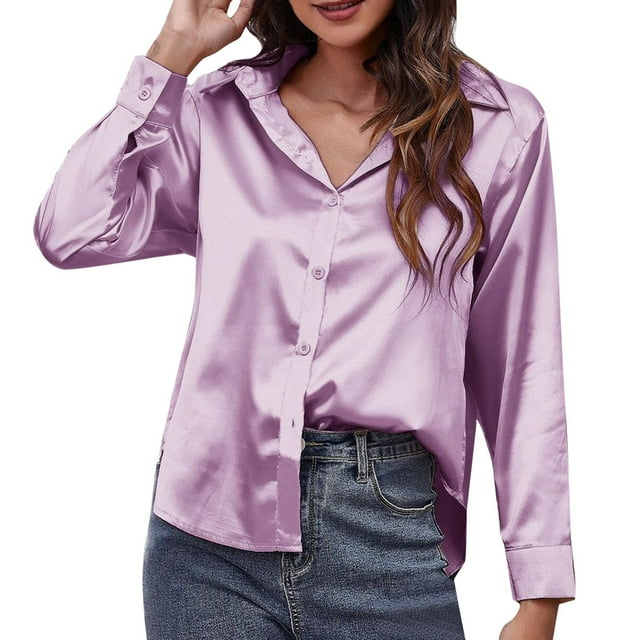 Camisa de manga larga de satén para mujer - Blusa de imitación de seda con ribete en contraste - Moda europea americana para el trabajo/vestir informal